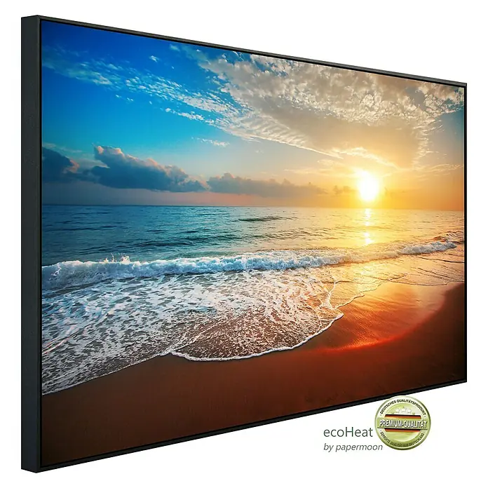 Papermoon Infrarot-Bildheizkörper Strand Sonnenuntergang 2 - 120 cm x 600 mm, 1.200 W - Das Ecoheat Wandbild zeigt einen wunderschönen Sonnenuntergang am Strand, der Wärme und Schönheit in jeden Raum bringt.