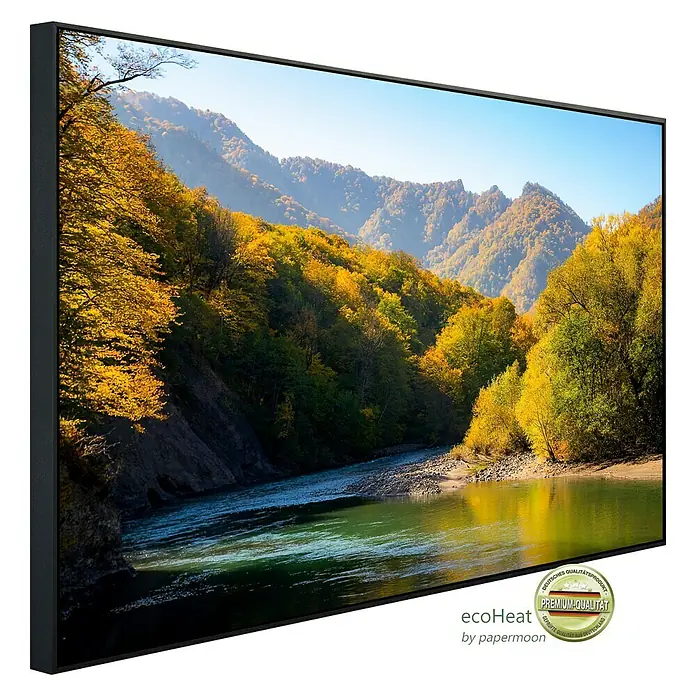 Papermoon Infrarot-Bildheizkörper Herbst Gebirgswald Fluss - 90 x 50 cm, 450 W - Das Bild zeigt eine EcoHeat-Heizung mit Waldmotiv. Sie bietet Premium-Qualität und ist ein deutsches Qualitätsprodukt.
