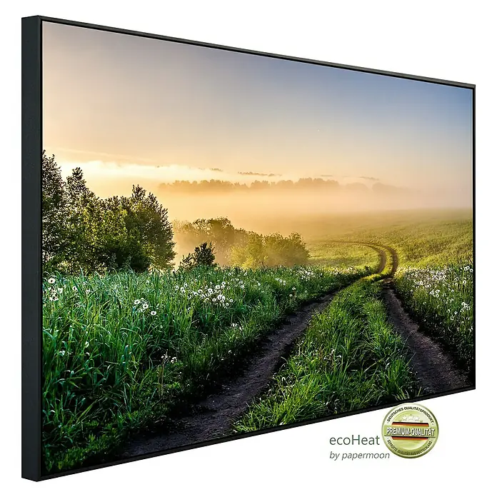 Papermoon Infrarot-Bildheizkörper Nebeliger Waldweg - 60 x 50 cm, 350 W - Das gerahmte Landschaftsbild zeigt einen Feldweg im Morgennebel, ein Premium-Qualitätsprodukt von EcoHeat by pepamazz.