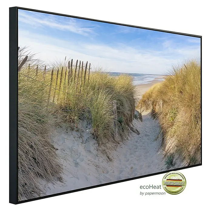 Papermoon Infrarot-Bildheizkörper Dünen in der Bretagne - 100 x 60 cm, 800 W - Das Leinwandbild "Dünenlandschaft am Meer" zeigt einen idyllischen Pfad durch die Dünen zum Strand, eingerahmt von Gräsern und blauem Himmel.