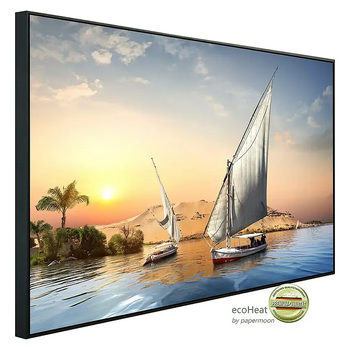 Papermoon Infrarot-Bildheizkörper Sonnenuntergang über Assuan Ägypten - 60 x 50 cm, 350 W - Das EcoHeat Wandbild zeigt eine friedliche Szene mit Segelbooten bei Sonnenuntergang und verleiht jedem Raum eine beruhigende Atmosphäre.
