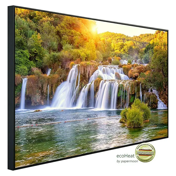 Papermoon Infrarot-Bildheizkörper Wasserfall Skradinski Buk Kroatien - 90 x 50 cm, 450 W - Wandbild mit Wasserfällen in sattem Grün und goldenem Sonnenlicht, gerahmt in elegantem Schwarz. Premium Qualität für Ihr Zuhause.