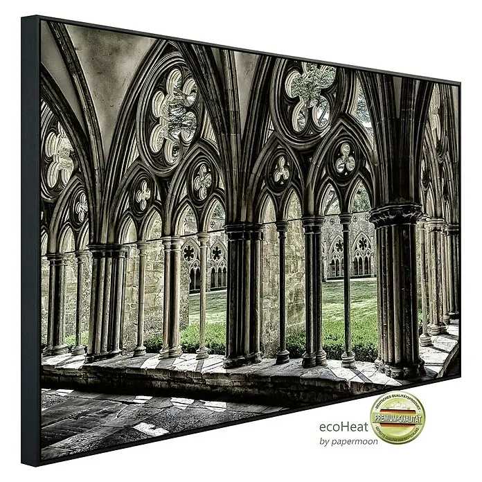Papermoon Infrarot-Bildheizkörper Mittelalterliche Kathedrale - 100 x 60 cm, 600 W - Stilvolles Wandbild: Gotische Architektur mit Säulen und Bögen, fängt die Eleganz vergangener Zeiten ein. Perfekt für ein klassisches Ambiente.