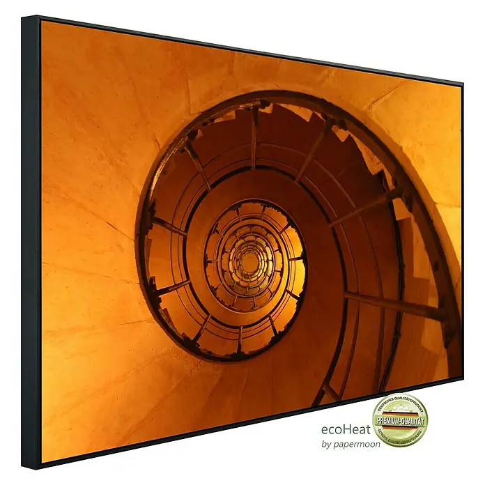 Papermoon Infrarot-Bildheizkörper Wendeltreppe - 1.000 x 600 mm, 600 W - Blick in eine Wendeltreppe mit modernem schwarzem Rahmen. Das Kunstwerk zeigt eine architektonische Wendeltreppe in warmen Farbtönen.