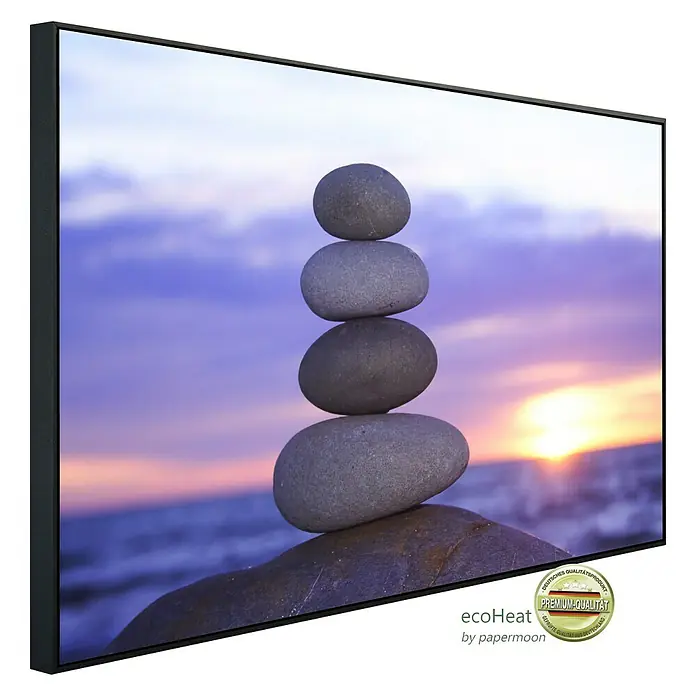 Papermoon Infrarot-Bildheizkörper Zen Sonnenuntergang - 100 x 60 cm, 800 W - Das Ecoheat-Heizpaneel zeigt eine harmonische Steinpyramide vor beruhigendem Sonnenuntergang. Premium-Qualität für behagliche Wärme.