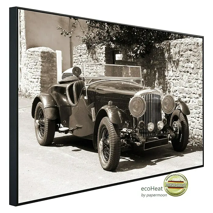 Papermoon Infrarot-Bildheizkörper Oldtimer 1 - 1.000 x 600 mm, 600 W - Stilvolles Schwarz-Weiß-Leinwandbild eines Oldtimers, das jedem Raum einen Hauch von Vintage-Eleganz verleiht.