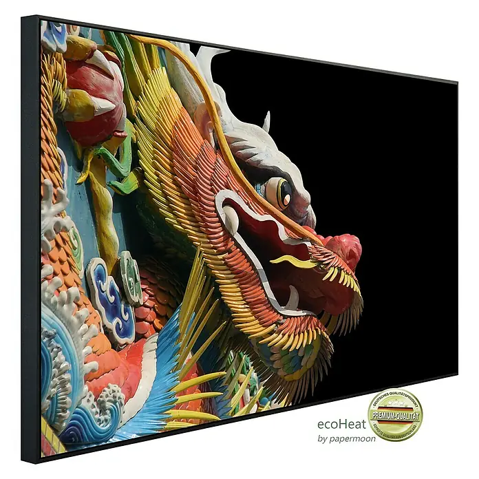 Papermoon Infrarot-Bildheizkörper Tempeldrache - 100 x 60 cm, 600 W - Farbenfrohe Leinwandkunst: Ein chinesischer Drache im Detail, gerahmt für eine hochwertige Optik. Perfekt als Wanddeko!