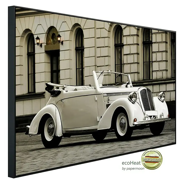 Papermoon Infrarot-Bildheizkörper 1938 Steyr Modell 120 - 60 x 50 cm, 350 W - Ein edler, gerahmter Kunstdruck eines klassischen weißen Cabrios vor einem eleganten Gebäude.