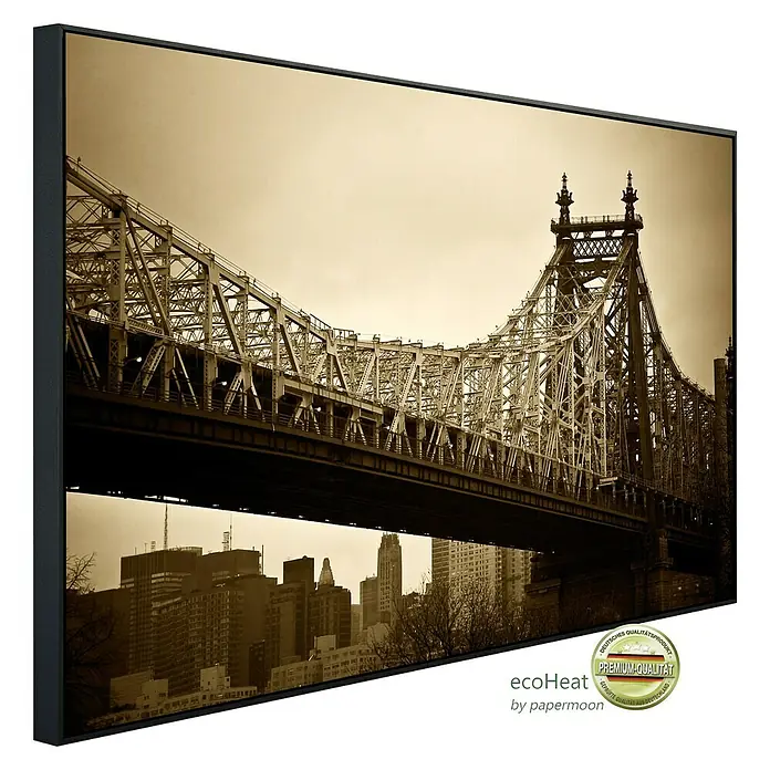 Papermoon Infrarot-Bildheizkörper New Yorker Brücke - 100 x 60 cm, 600 W - Gerahmtes Leinwandbild in Sepia mit der Queensboro Bridge und New Yorker Skyline. Ein Premium-Qualitätsprodukt für stilvolle Wanddekoration.