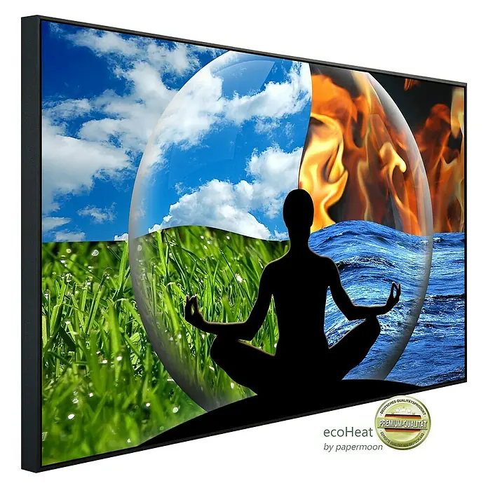 Papermoon Infrarot-Bildheizkörper Wasser Feuer Erde Luft - 120 x 60 cm, 1.000 W - Meditationsbild mit den Elementen Feuer, Wasser, Erde und Luft auf Leinwand, gerahmt und hochwertig verarbeitet, für eine entspannende Atmosphäre.
