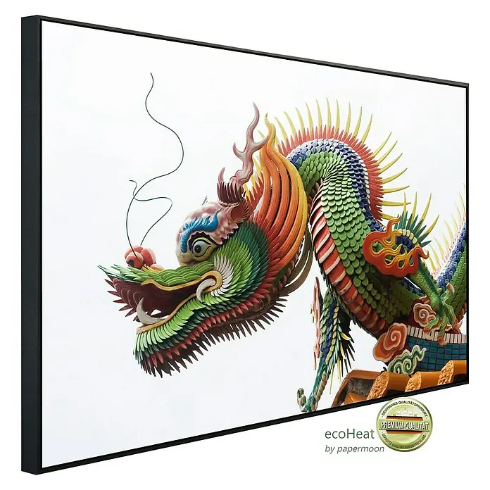 Papermoon Infrarot-Bildheizkörper Chinesischer Drache - 100 x 60 cm, 600 W - Gerahmtes Bild eines farbenprächtigen, asiatischen Drachen, der ein Gebäude bewacht. Hochwertiger Kunstdruck mit Echtholzrahmen.