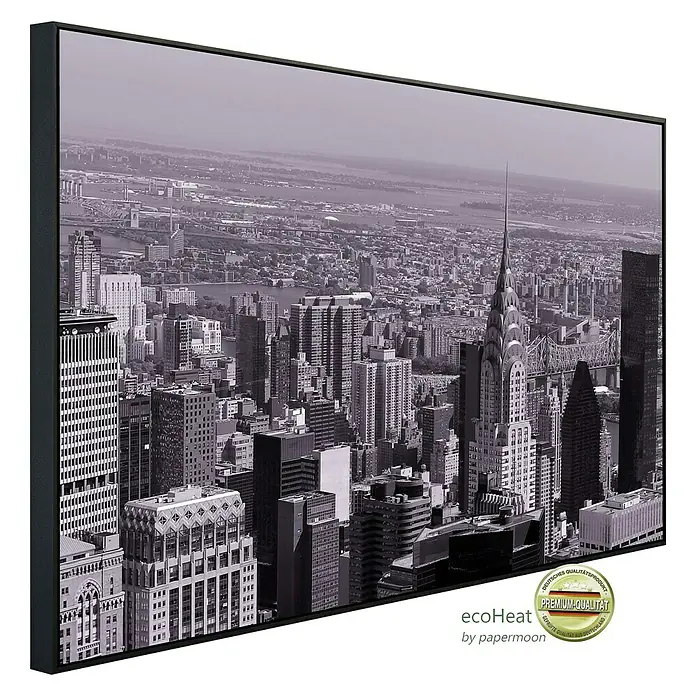 Papermoon Infrarot-Bildheizkörper Manhattan Retro - 60 x 50 cm, 350 W - Das schwarzweiße Wandbild zeigt eine Skyline von New York. Das Bild ist gerahmt und wirkt dadurch sehr edel.