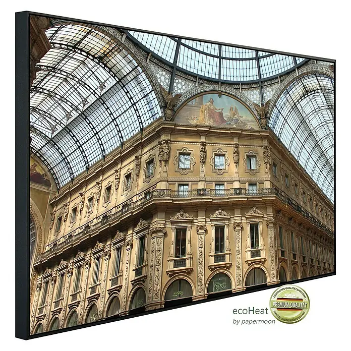 Papermoon Infrarot-Bildheizkörper Mailänder Galerie - 120 x 60 cm, 1.000 W - Wandbild "Galleria Vittorio Emanuele II" mit detaillierter Architektur und Glaskuppel, gerahmt für ein stilvolles Ambiente.