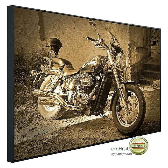 Papermoon Infrarot-Bildheizkörper Vintage Motorrad - 100 x 60 cm, 600 W - Das gerahmte Bild zeigt ein klassisches Motorrad in Sepia-Tönen. Ein nostalgisches Wandbild, das jeden Raum aufwertet.