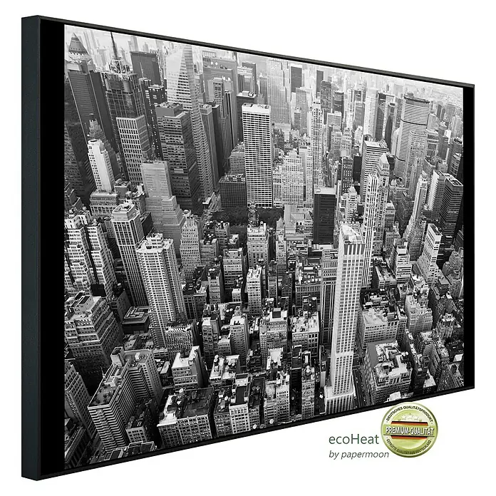 Papermoon Infrarot-Bildheizkörper Manhattan Stadtbild - 120 x 60 cm, 1.200 W - Schwarze EcoHeat Infrarotheizung mit einem schwarz-weiß Foto von New York als Motiv. Qualitativ hochwertiges Produkt mit Premium Qualität.