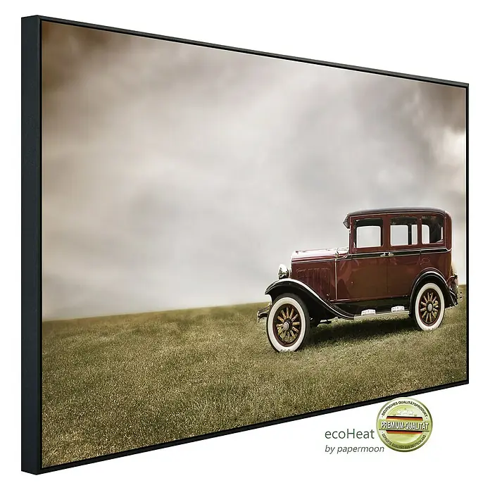 Papermoon Infrarot-Bildheizkörper Antikes Auto - 120 x 60 cm, 1.200 W - Das Ecoheat-Wandbild zeigt ein Oldtimer-Auto in einer stilvollen Präsentation, ideal für Liebhaber klassischer Fahrzeuge und hochwertiger Wanddekoration.