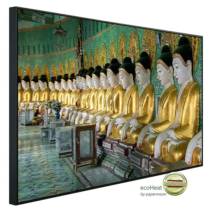 Papermoon Infrarot-Bildheizkörper U Min Thonze Buddhas - 60 x 50 cm, 350 W - EcoHeat-Heizpaneel mit einem Bild von goldenen Buddha-Statuen, die eine friedliche und spirituelle Atmosphäre schafft.