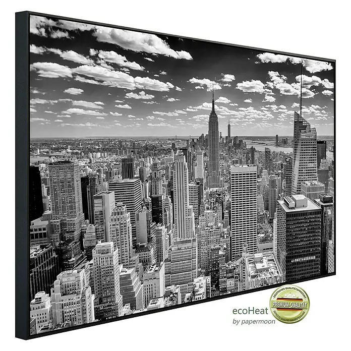 Papermoon Infrarot-Bildheizkörper Manhattan Panorama - 120 x 60 cm, 1.000 W - Schwarz-Weiß-Fotografie eines New Yorker Skyline-Wandbildes im Querformat mit hochwertigem, schlichtem Rahmen.