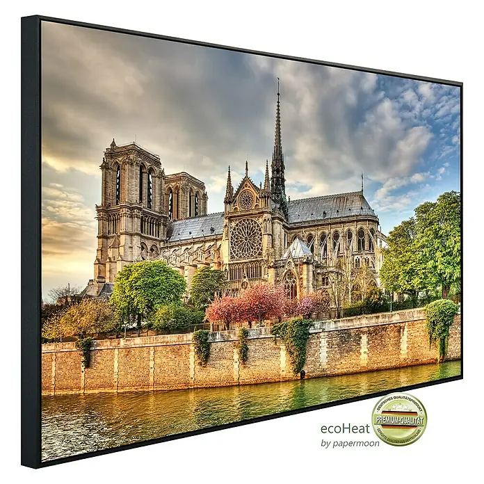 Papermoon Infrarot-Bildheizkörper Notre Dame de Paris - 90 x 50 cm, 450 W - Das Bild zeigt die Notre-Dame Kathedrale in Paris, gerahmt und mit einem eleganten schwarzen Rahmen versehen.