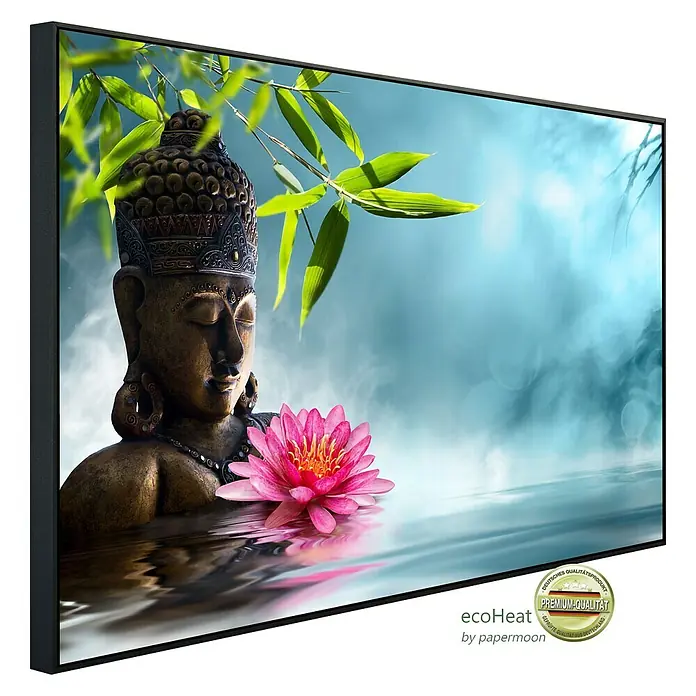 Papermoon Infrarot-Bildheizkörper Buddha in Meditation - 120 x 60 cm, 1.000 W - Hochwertiges Infrarot-Heizpaneel mit Buddha-Motiv und Lotusblüte für eine angenehme und energieeffiziente Wärme.