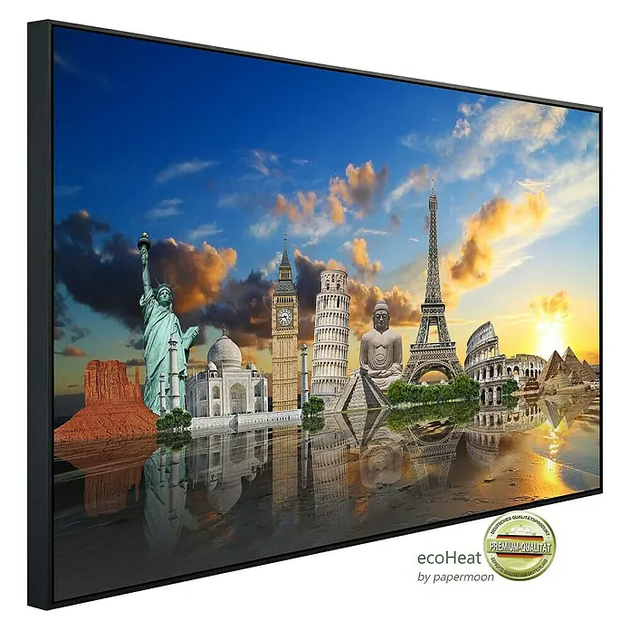 Papermoon Infrarot-Bildheizkörper Weltdenkmäler - 90 x 50 cm, 450 W - Leinwandbild mit berühmten Wahrzeichen der Welt, die in einem Gewässer reflektiert werden, gerahmt und hochwertig.