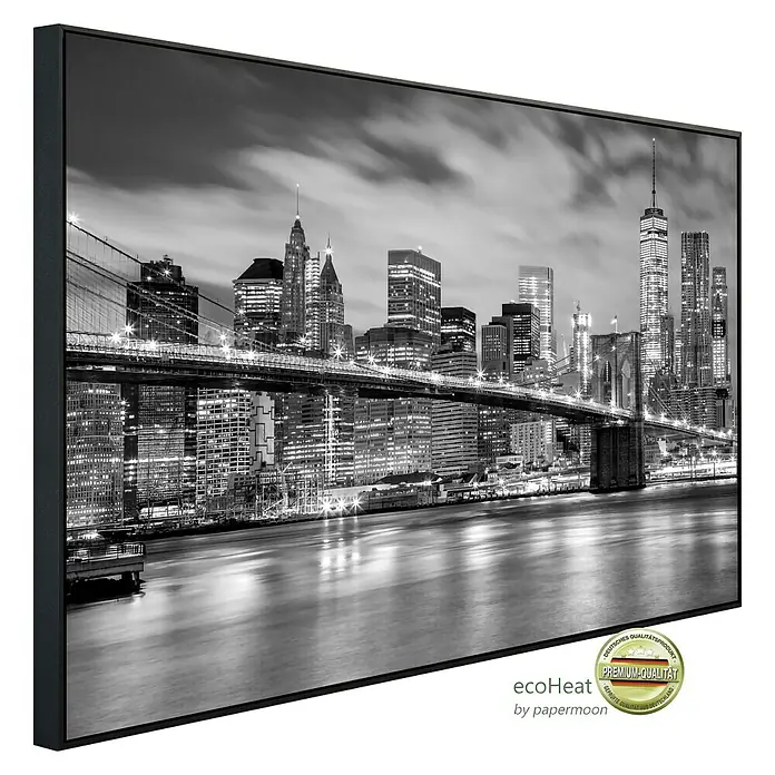 Papermoon Infrarot-Bildheizkörper New York Brooklyn - 100 x 60 cm, 800 W - Schwarze Leinwand mit New Yorker Skyline. Hochwertige Leinwanddruck mit einer nächtlichen Ansicht der berühmten Stadt.