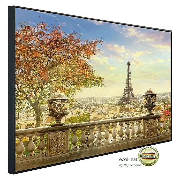 Papermoon Infrarot-Bildheizkörper Panorama von Paris120 x 75 cm, 900 W - Das EcoHeat Heizpaneel mit dem Paris-Motiv bringt Wärme und Kunst in Ihr Zuhause. Genießen Sie den Blick auf den Eiffelturm mit Premium-Qualität.