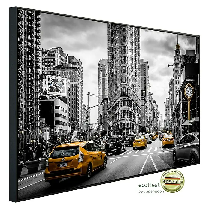 Papermoon Infrarot-Bildheizkörper Gelbe Taxis - 100 cm x 600 mm, 600 W - Das Produkt ist ein gerahmtes Bild einer belebten Straße in New York mit gelben Taxis. Die Stadt wird in Schwarzweiß mit gelben Akzenten dargestellt.