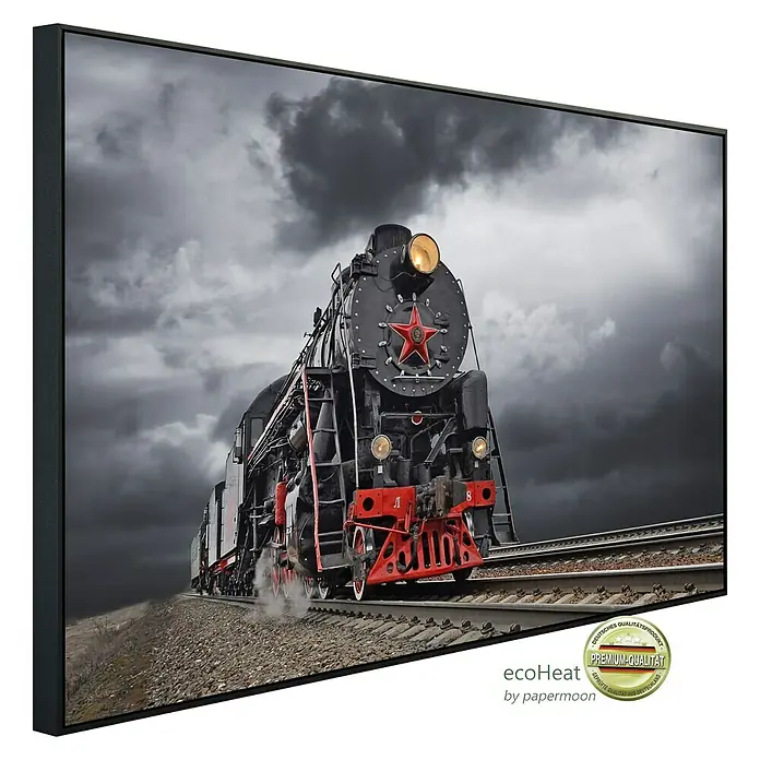 Papermoon Infrarot-Bildheizkörper Vintage Dampfzug - 60 x 50 cm, 350 W - Das Bild zeigt ein Infrarot-Heizpaneel von ecoHeat mit einem Motiv einer alten Dampflokomotive, die auf Gleisen fährt.