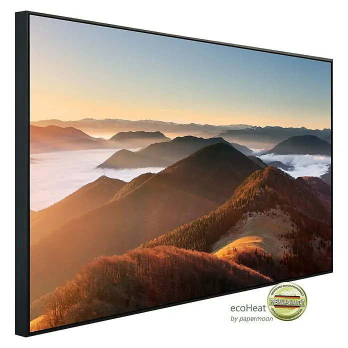 Papermoon Infrarot-Bildheizkörper Berg Sonnenuntergang - 90 x 50 cm, 450 W - Panorama Heizkörper mit Berglandschaft im Sonnenaufgang. Hochwertiges Design für angenehme Wärme und stilvolle Optik mit Premium-Qualität.