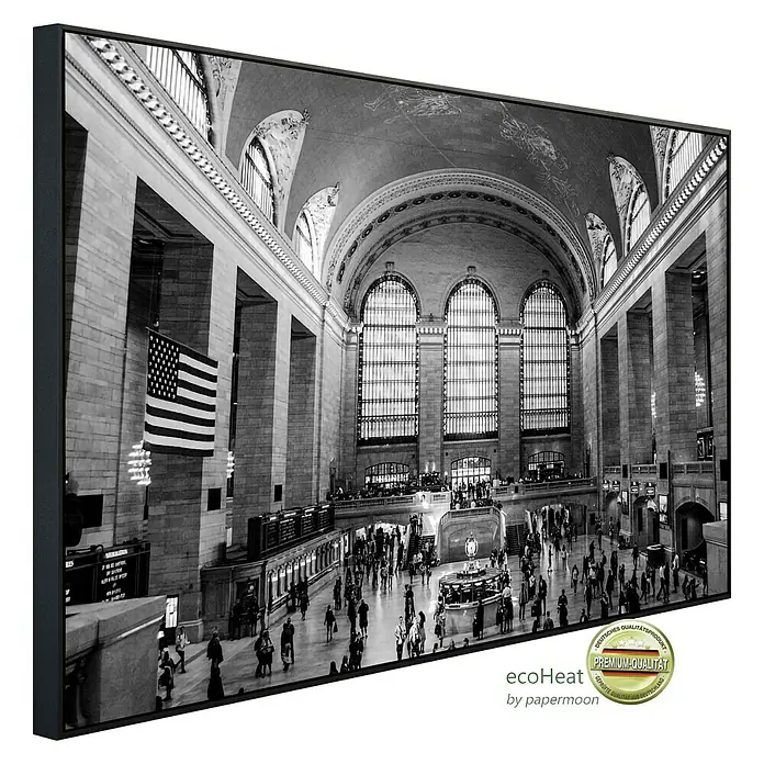Papermoon Infrarot-Bildheizkörper Hauptbahnhof New York - 100 x 60 cm, 800 W - Schwarzweißfotografie von Grand Central Terminal als Wandbild.