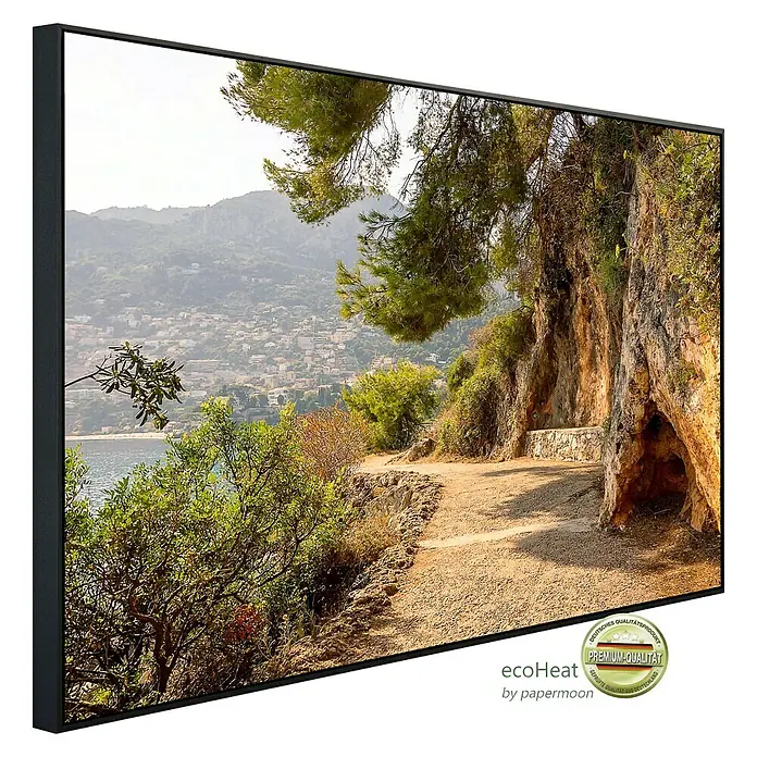 Papermoon Infrarot-Bildheizkörper Weg Cap Martin - 100 x 60 cm, 600 W - Das Ecoheat Infrarot-Heizpaneel mit einem malerischen Landschaftsmotiv, das Wärme und Ästhetik in Ihr Zuhause bringt.