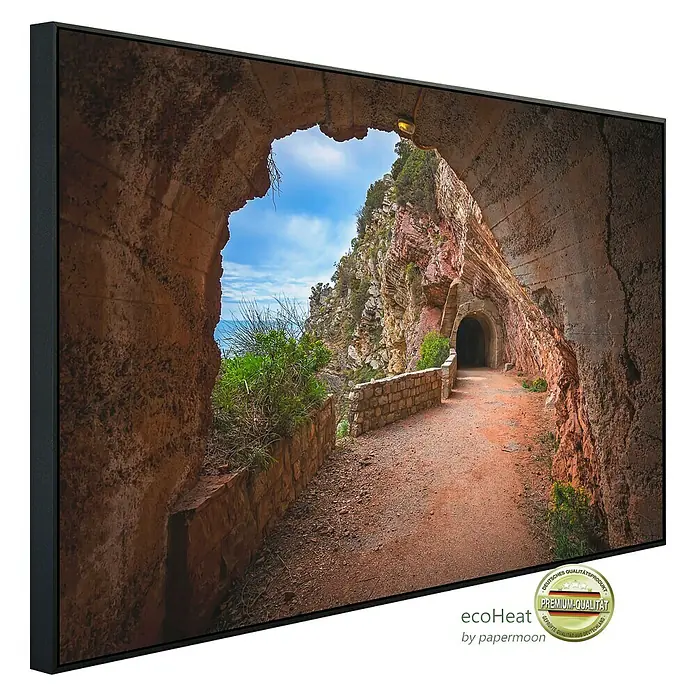 Papermoon Infrarot-Bildheizkörper Felsentunnel Petrovac Bay - 100 x 60 cm, 800 W - Das EcoHeat-Produktbild zeigt einen malerischen Tunnelblick in hochwertiger Qualität, der Natur und Ingenieurskunst vereint.