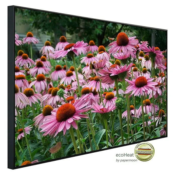 Papermoon Infrarot-Bildheizkörper Sommerblumen - 60 x 50 cm, 350 W - Hochwertiges Leinwandbild mit lila Echinacea-Blüten, gerahmt in elegantem Schwarz. Ein Premium-Qualitätsprodukt für stilvolle Dekoration.