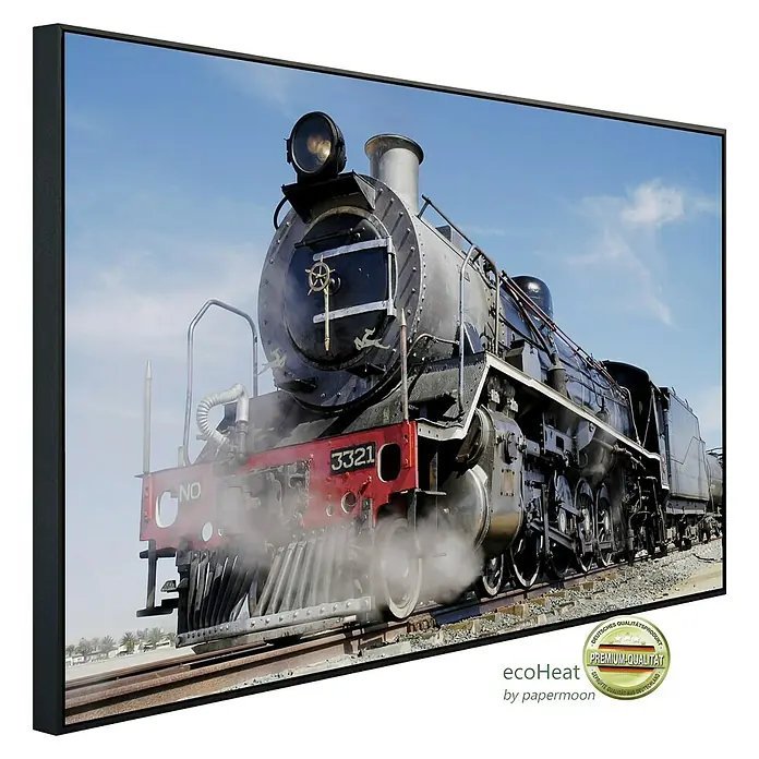 Papermoon Infrarot-Bildheizkörper Vintage Dampfzug 2 - 60 x 50 cm, 350 W - Das Wandbild zeigt eine eindrucksvolle Dampflokomotive, die ein nostalgisches Flair in jeden Raum bringt. Ein echter Hingucker.
