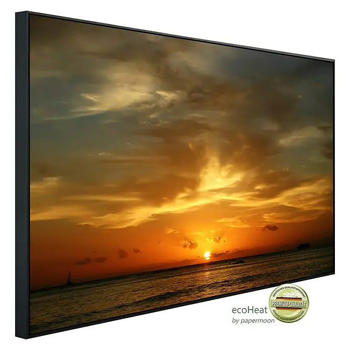 Papermoon Infrarot-Bildheizkörper Waikiki Beach Oahu - 60 x 50 cm, 350 W - Das Bild zeigt eine EcoHeat Infrarotheizung mit einem Sonnenuntergangsmotiv, das eine warme Atmosphäre erzeugt. Ideal für gemütliche Stunden.