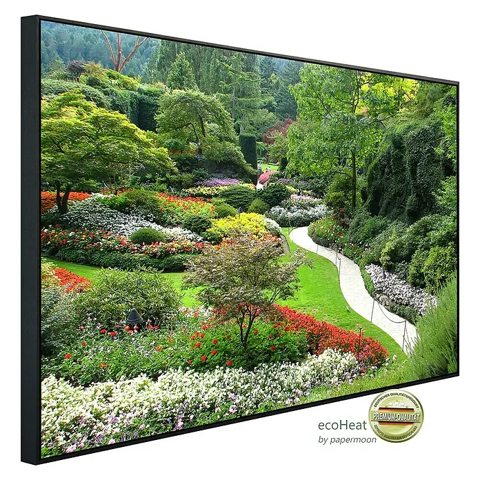Papermoon Infrarot-Bildheizkörper Butchart Gardens - 120 cm x 600 mm, 1.200 W - Dekoratives Wandbild eines üppigen Gartens mit gewundenem Pfad, gerahmt für eine elegante Präsentation in jedem Raum.