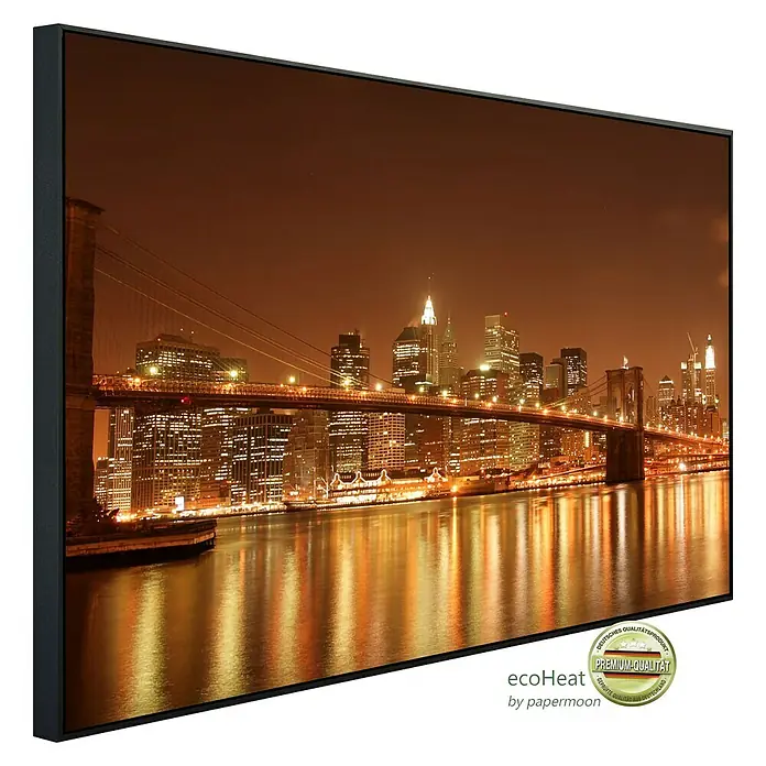 Papermoon Infrarot-Bildheizkörper Brooklyn Bridge bei Nacht 2 - 90 x 50 cm, 450 W - Das EcoHeat Infrarotpaneel mit dem New York City-Motiv sorgt für eine stimmungsvolle Wärme und ist ein echter Hingucker.