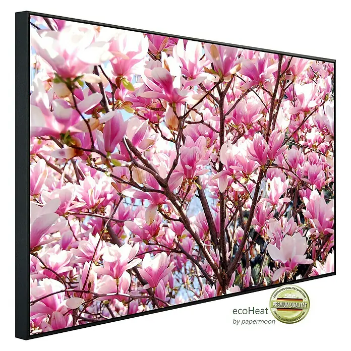 Papermoon Infrarot-Bildheizkörper Blühende Magnolie - 120 x 60 cm, 1.000 W - Nahaufnahme eines gerahmten Wandbildes mit rosa Magnolienblüten, ideal zur Dekoration und zur Aufwertung jedes Raumes.