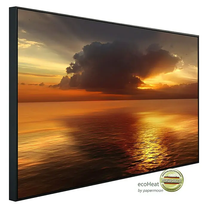 Papermoon Infrarot-Bildheizkörper Ozean im Sonnenuntergang - 100 x 60 cm, 800 W - Das Bild zeigt ein EcoHeat-Heizpaneel mit einem wunderschönen Sonnenuntergang über dem Meer in einem eleganten, schwarzen Rahmen.