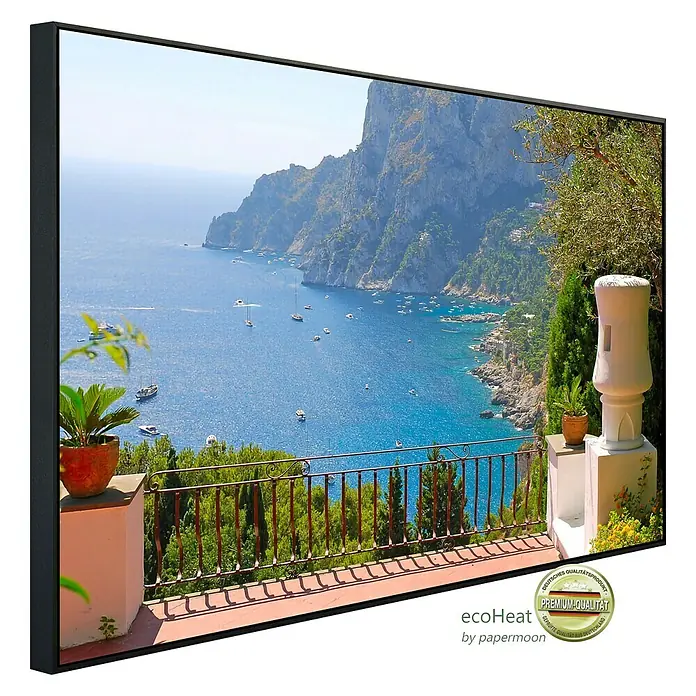 Papermoon Infrarot-Bildheizkörper Blick auf die Terrasse 3 - 90 x 50 cm, 450 W - Wandbild mit Blick auf Küste und Meer. Eine hochwertige Dekoration für Ihr Zuhause, die Urlaubsfeeling vermittelt.