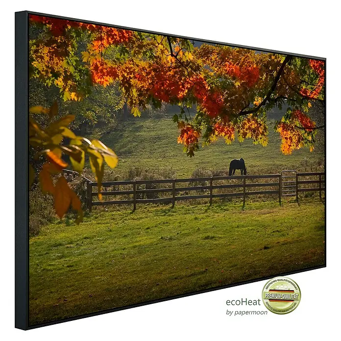 Papermoon Infrarot-Bildheizkörper Pferd auf der Weide - 120 x 60 cm, 1.000 W - Premium EcoHeat Bild mit Herbstlandschaft und Pferd auf der Weide, gerahmt, für stilvolle Wanddekoration.