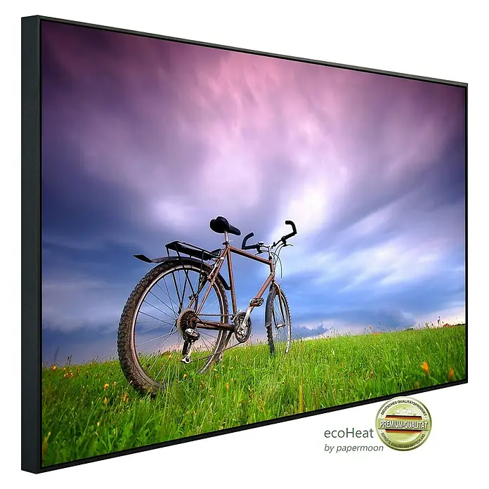 Papermoon Infrarot-Bildheizkörper Fahrrad in Grünland - 90 x 50 cm, 450 W - Hochwertige Infrarotheizung mit Fahrradmotiv auf grüner Wiese, gerahmt für stilvolle Wärme.