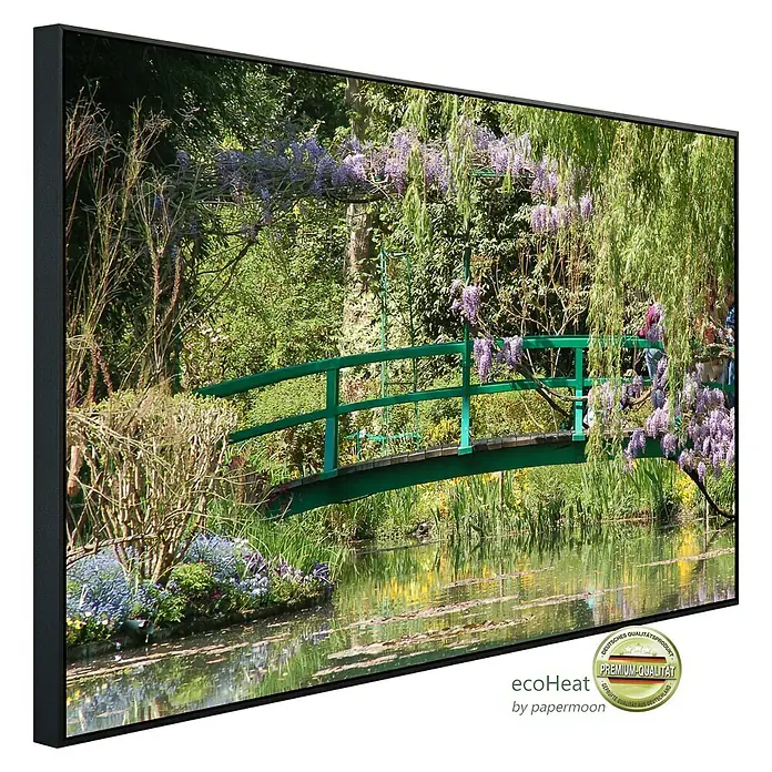 Papermoon Infrarot-Bildheizkörper Giverney - 120 x 60 cm, 1.200 W - Die Leinwand zeigt Monets Garten mit der japanischen Brücke in Giverny, eine hochwertige Wanddekoration für ein stilvolles Zuhause.