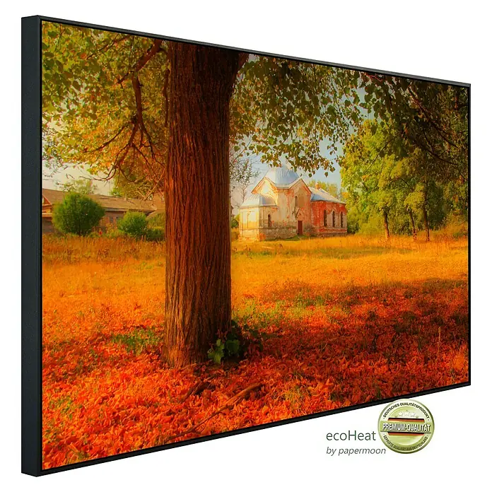 Papermoon Infrarot-Bildheizkörper Russische Herbstlandschaft - 100 x 60 cm, 800 W - Wandbild mit herbstlicher Szene, Baum und Haus im Hintergrund. Hochwertige Qualität für Ihr Zuhause.