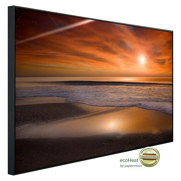 Papermoon Infrarot-Bildheizkörper Bulgarische Schwarzmeerküste - 120 x 60 cm, 1.000 W - Das gerahmte Ölgemälde fängt die atemberaubende Schönheit eines Sonnenuntergangs am Strand mit warmen Farben und ruhigen Wellen ein.