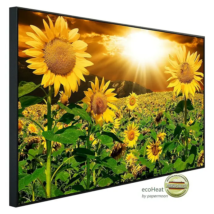 Papermoon Infrarot-Bildheizkörper Sonnenblumen - 100 x 60 cm, 600 W - Hochformatiges Sonnenblumenfeld-Wandbild mit intensiven Farben und einem dunklen Rahmen, das eine warme und einladende Atmosphäre schafft.