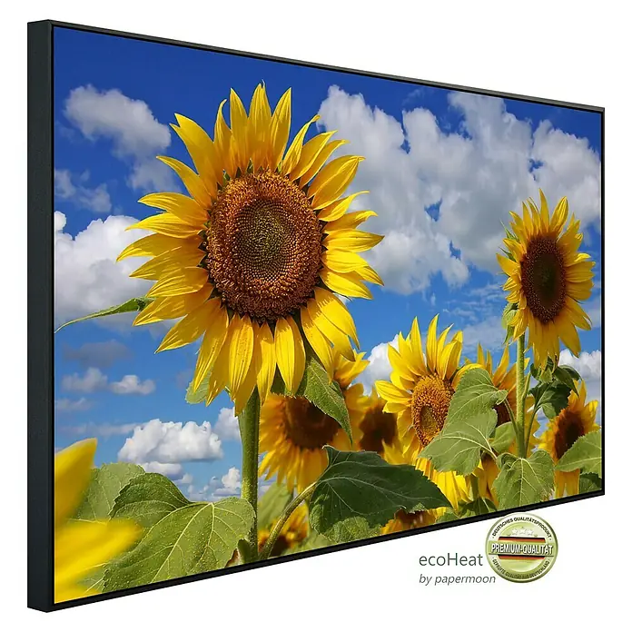 Papermoon Infrarot-Bildheizkörper Sonnenblumen 2 - 120 x 60 cm, 1.000 W - Sonnenblumenfeld auf Leinwand mit dunklem Rahmen.