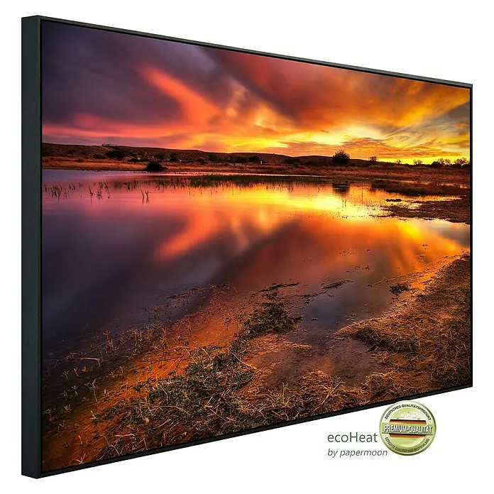 Papermoon Infrarot-Bildheizkörper Flammender Himmel - 120 x 60 cm, 1.000 W - Leinwandbild mit einem atemberaubenden Sonnenuntergang über einem See, gerahmt und fertig zum Aufhängen. Hochwertiger Druck für lebendige Farben.