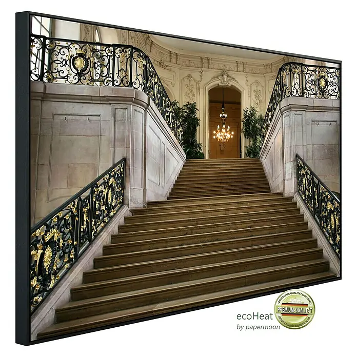 Papermoon Infrarot-Bildheizkörper Palast der Herzöge von Burgund - 100 x 60 cm, 800 W - Das gerahmte Wandbild zeigt eine elegante Treppe mit dekorativen goldenen Geländern in einem prächtigen Gebäude.